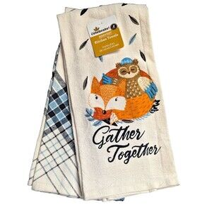 Gather Together Kitchen Towels Owl Fox Fall Holiday Blue White Plaid 2pc Gift